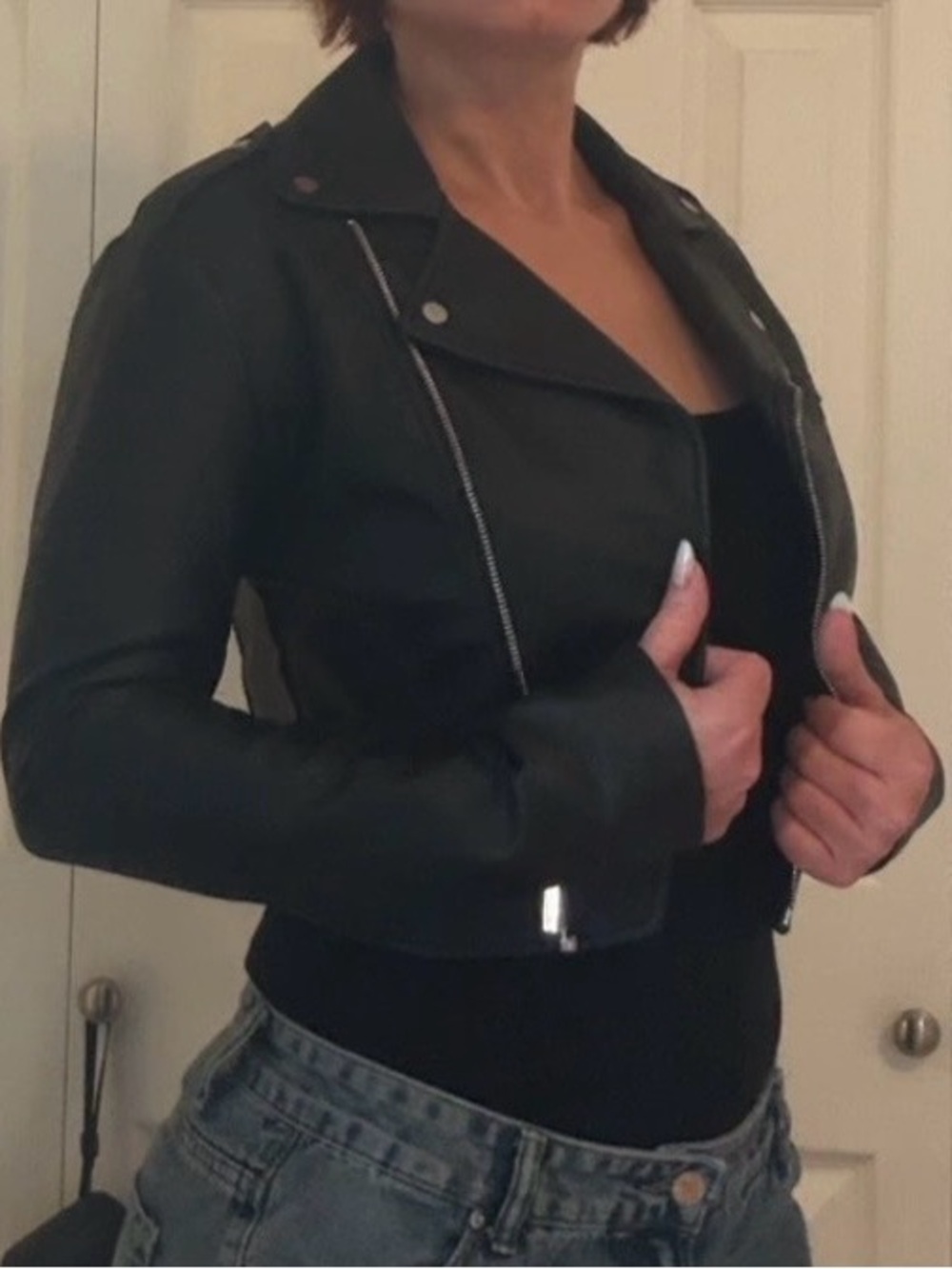 Dynamite Black Faux Leather Cropped Moto Jacket